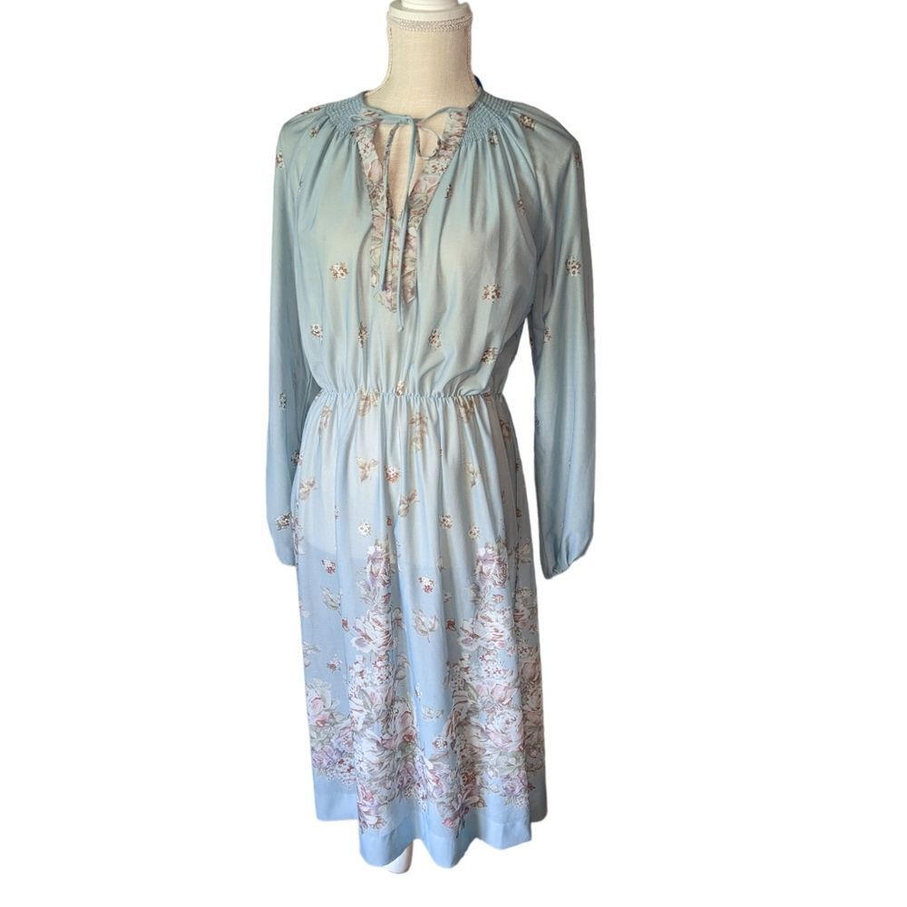 ‎70s vintage blue floral print dress